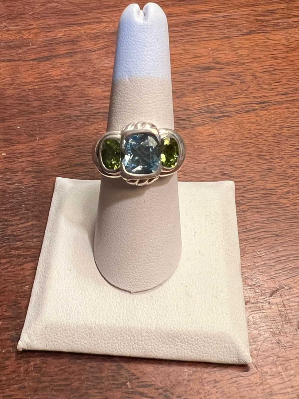 Judith Ripka Sterling Silver Cushion Cut Blue Topaz and Peridot Ring Size 8